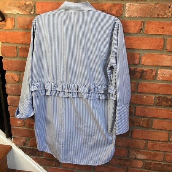 RIPE NEW Ruffle Striped Button Shirt Tunic Top Blouse Oversized Cotton Coastal M - Picture 3 of 16